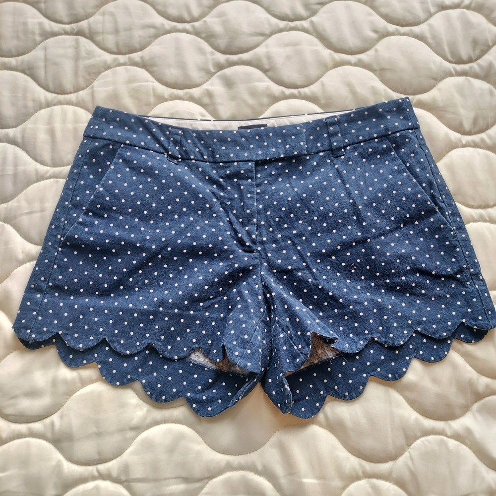 J.Crew Blue Polka Dot Scalloped Hem Linen Cotton Shorts Womens Size 4